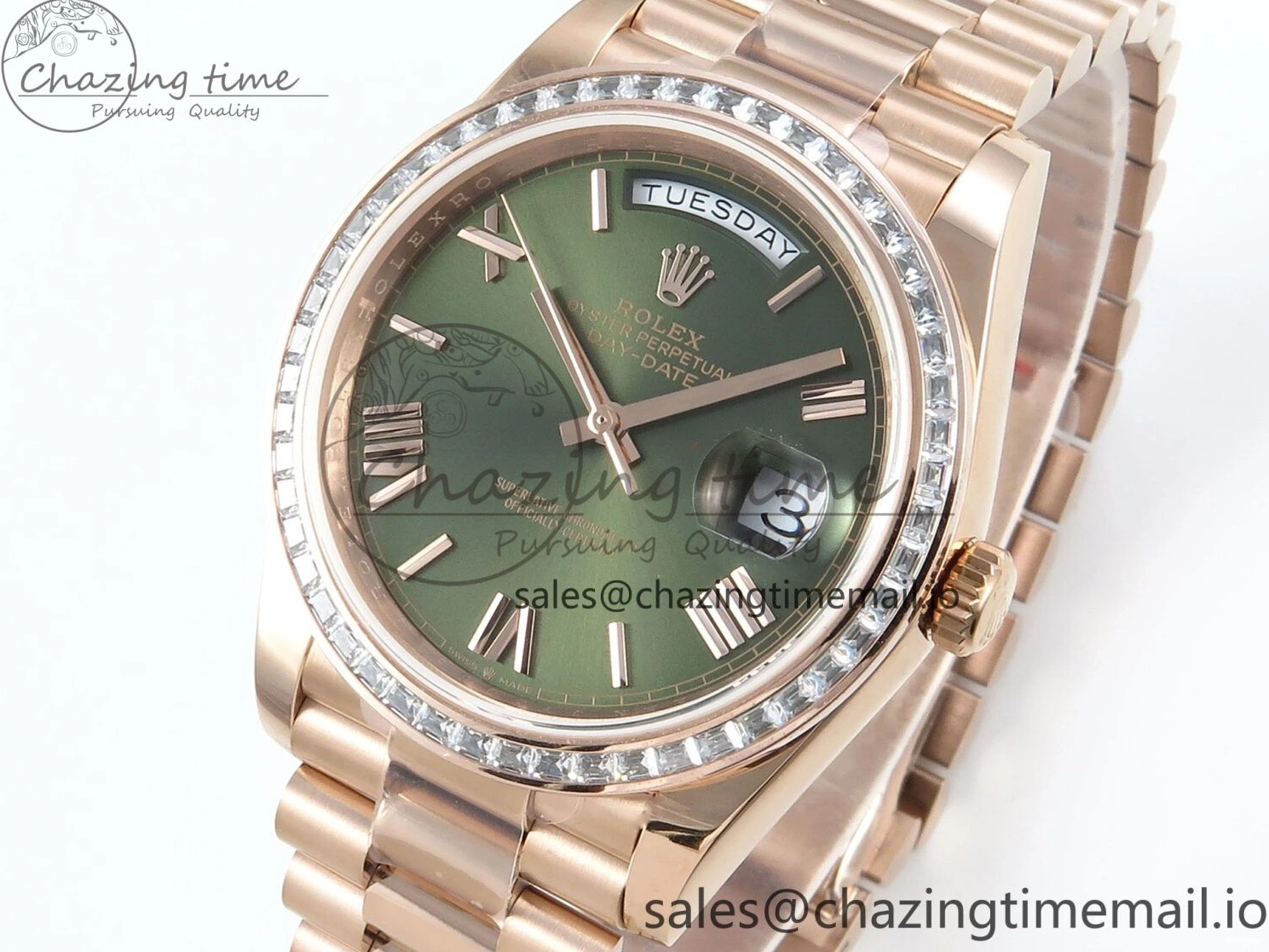 MiroTime 0310 Trendsetting DayDate 40 RG QF 1:1 Best Edition Green Roman Dial Diamonds Bezel on President Bracelet A2836 V5 (Gain Weight) 468